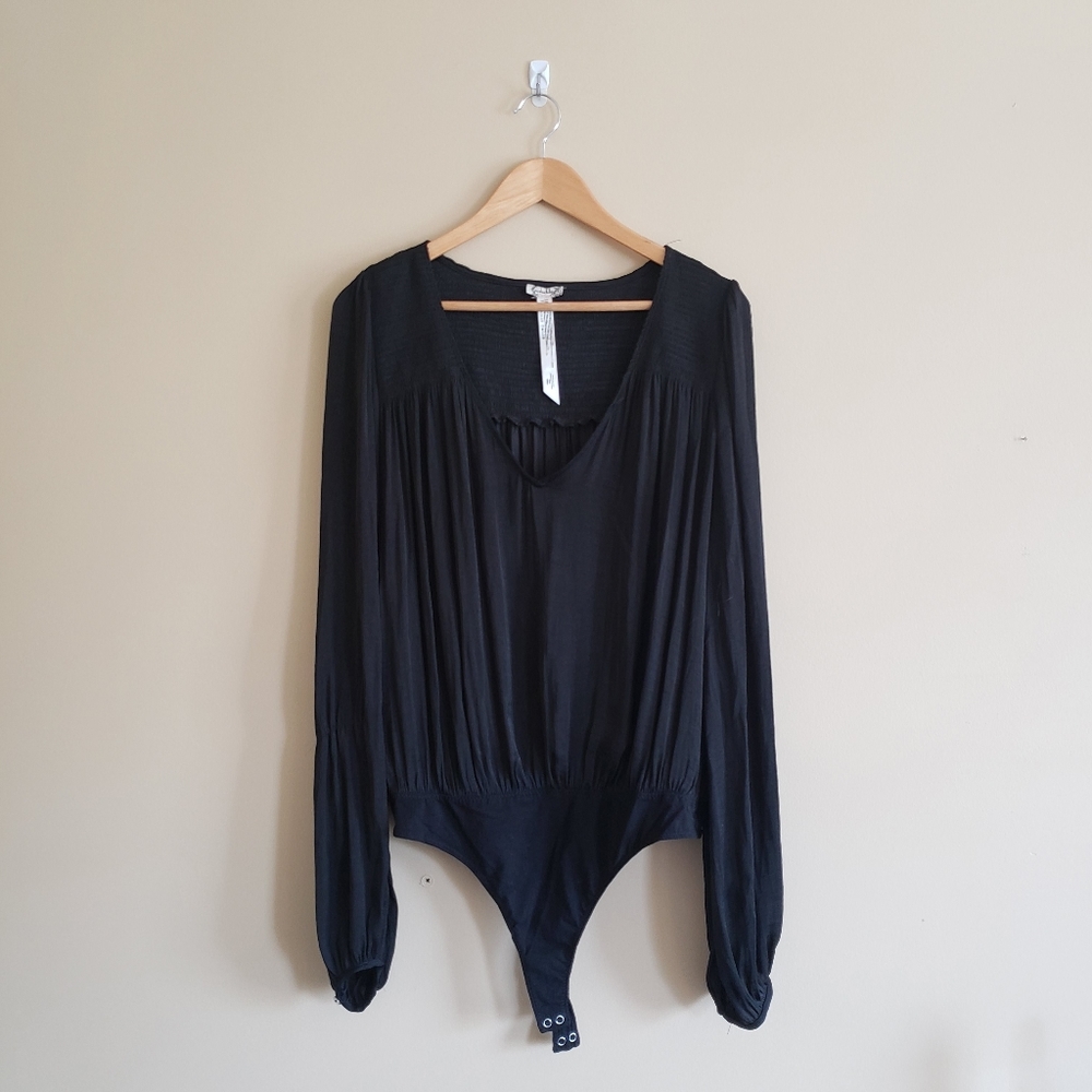 Free People Intimately Smockin' N Rockin' Black Satin Bodysuit